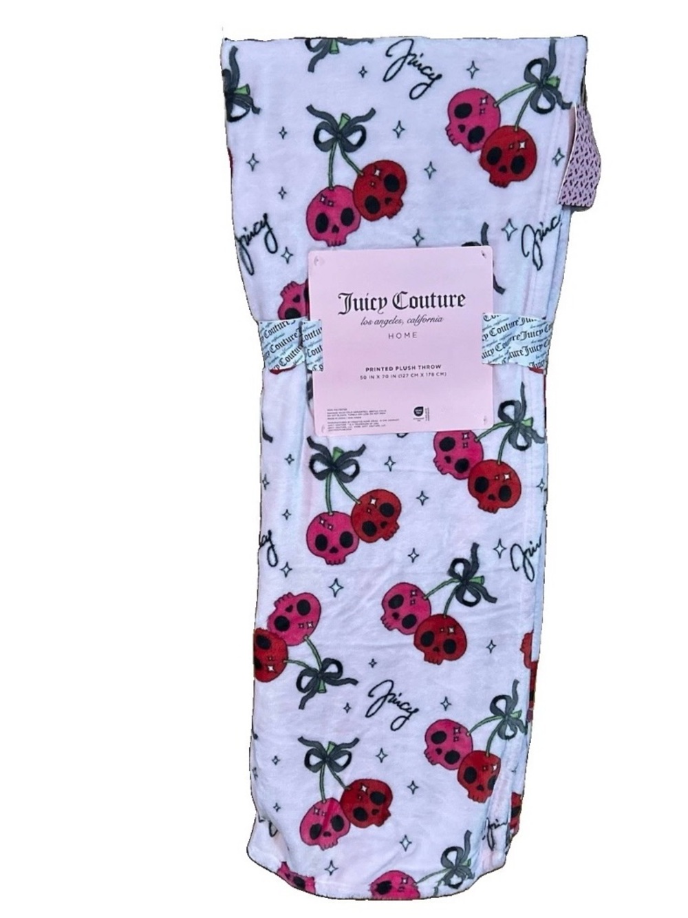 Juicy Couture Cherry Skull Plush Throw Blanket Pink Gothic Halloween NWT 50x70